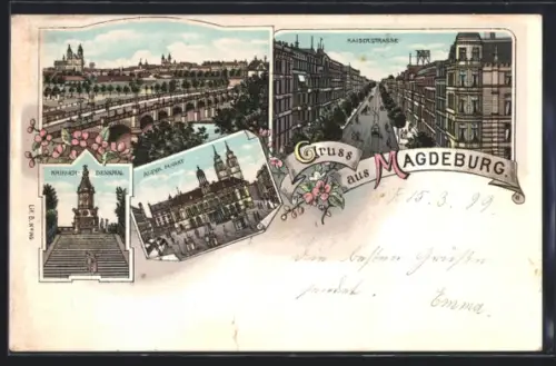 Lithographie Magdeburg, Kaiserstrasse, Krieger-Denkmal, Alter Markt, Brücke