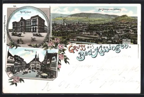Lithographie Bad Kissingen, Kurhaus, Marktplatz, Ortsansicht vom Staffelsberg