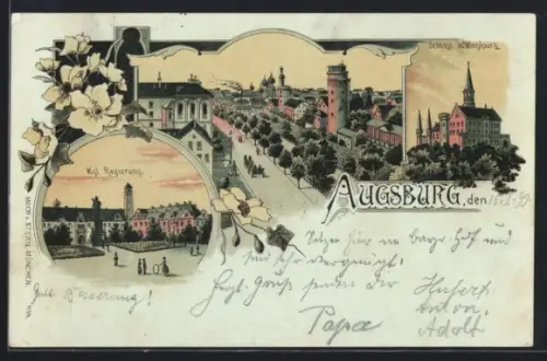 Lithographie Augsburg, Schloss Wöllenburg, Kgl. Regierung, Ortsansicht