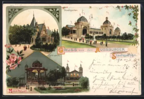 Lithographie Augsburg, Stadtgarten, Musik-Pavillon bei Nacht, Caféhaus