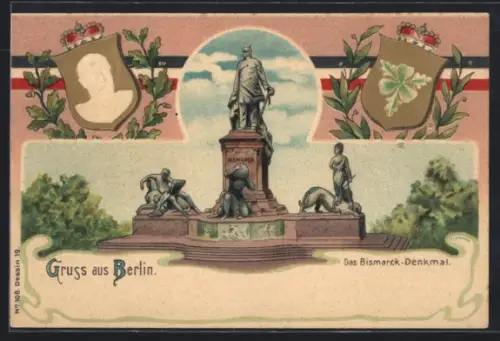 Präge-Lithographie Berlin-Tiergarten, Bismarck-Denkmal, Portrait-Bismarck, Wappen
