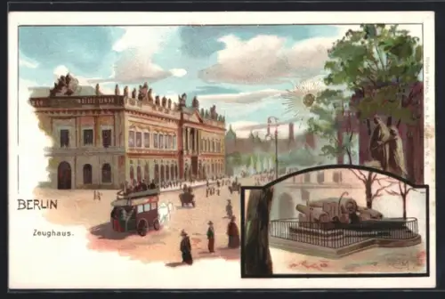 Sonnenschein-AK Berlin, Zeughaus, Kanone im Hof, goldene Sonne