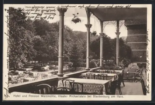 AK Kloster Michaelstein /Blankenburg, Hotel und Pension Waldmühle, Terrasse u. Garten