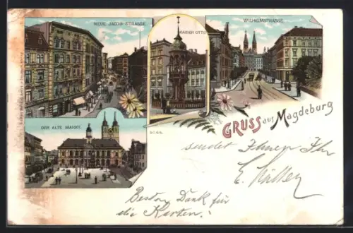 Lithographie Magdeburg, Neue Jacobstrasse, Kaiser Otto, Alter Markt, Wilhelmstrasse