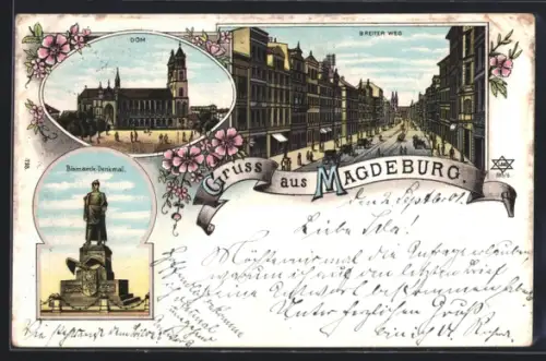 Lithographie Magdeburg, Dom, Breiter Weg, Bismarck-Denkmal
