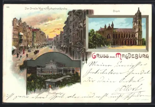Lithographie Magdeburg, Dom, Stadttheater, Breiter Weg mit Katharinenkirche
