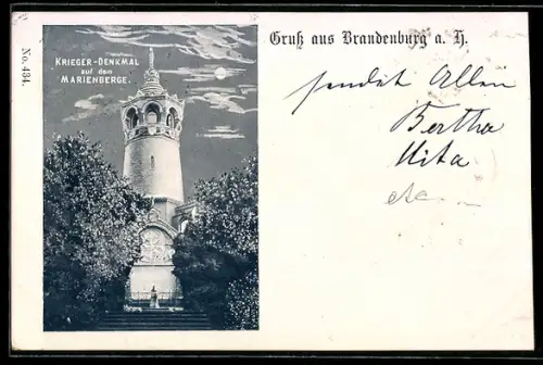 AK Brandenburg a. H., Krieger-Denkmal auf dem Marienberge bei Mondschein