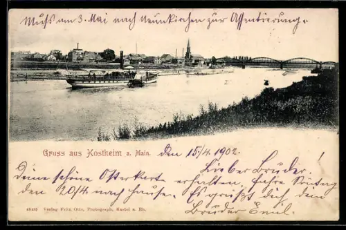 AK Kostheim a. Main, Uferpartie mit Kirche