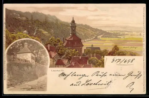 Lithographie Dresden-Loschwitz, Panorama, Schillerhaus