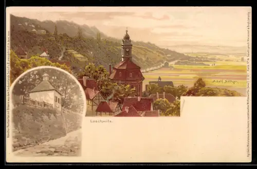 Lithographie Dresden-Loschwitz, Panorama, Schillerhaus