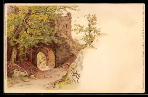 Lithographie Oybin, Partie an der Ruine