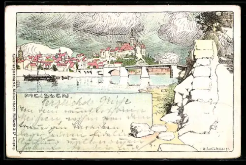 Lithographie Meissen, Uferpartie mit Schloss