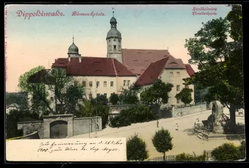 AK Dippoldiswalde, Bismrckplatz mit Denkmal