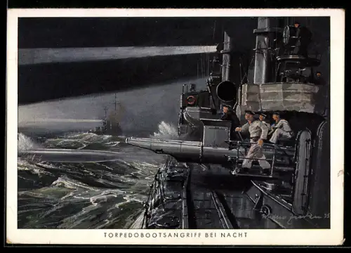 AK Torpedoboot der Kriegsmarine schiesst im Nachtangriff einen Torpedo