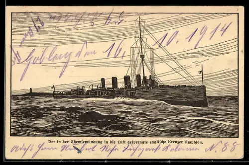 Künstler-AK Der in der Themsemündung im August 1914 auf einer Mine in die Luft gesprengte englische Kreuzer Amphion