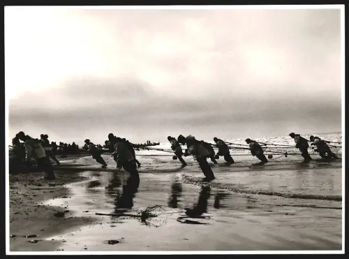 Fotografie Fischer ziehen ihr Schleppnetz an den Strand, Grossformat 19 x 25cm