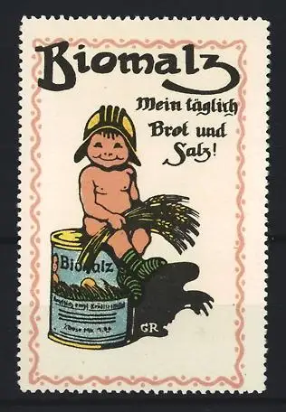 Reklamemarke Biomalz, Kind auf Dose mit Getreideähren
