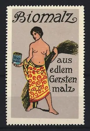 Reklamemarke Biomalz, aus edlem Gerstenmalz, Frau mit Gerstenbündel
