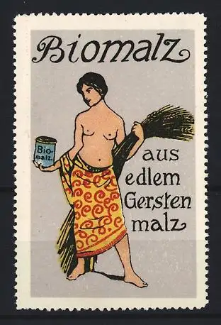 Reklamemarke Biomalz, aus edlem Gerstenmalz, Frau mit Gerste und Dose