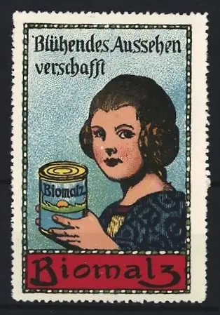 Reklamemarke Biomalz, Frau mit Biomalz-Dose