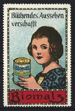 Reklamemarke Biomalz, Frau mit Biomalz-Dose
