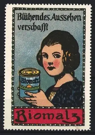 Reklamemarke Biomalz, Frau mit Biomalz-Dose