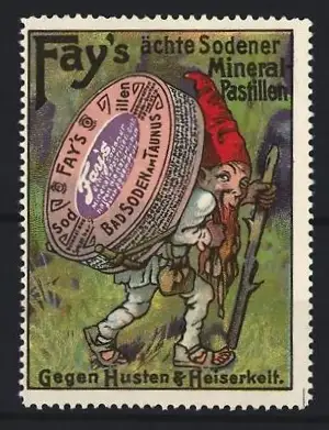Reklamemarke Bad Soden am Taunus, Fay`s Sodener Mineral Pastillen, Zwerg mit Pastillendose