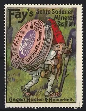 Reklamemarke Bad Soden am Taunus, Fay`s Sodener Mineral Pastillen, Zwerg mit Pastillendose