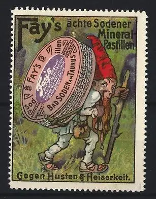 Reklamemarke Bad Soden am Taunus, Fay`s Sodener Mineral Pastillen, Zwerg mit Pastillendose