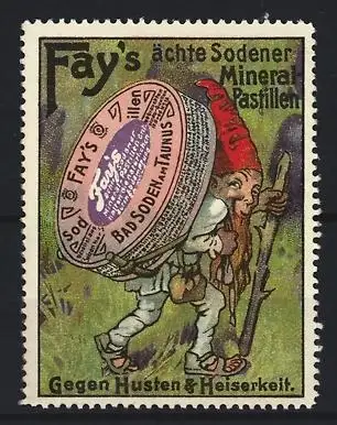 Reklamemarke Bad Soden am Taunus, Fay`s Sodener Mineral Pastillen, Zwerg mit Pastillendose