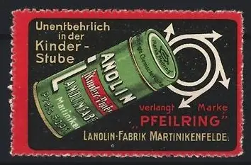 Reklamemarke Martinikenfelde, Lanolin Kinder-Puder, Lanolin-Dose mit Marke Peilring