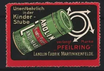 Reklamemarke Martinikenfelde, Lanolin Kinder-Puder, Lanolin-Dose mit Marke Peilring
