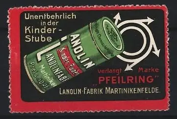 Reklamemarke Martinikenfelde, Lanolin Kinder-Puder, Lanolin-Dose mit Marke Peilring