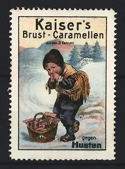 Reklamemarke Kaiser`s Brust-Caramellen, Kind mit Gabenkorb im Schnee