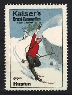 Reklamemarke Kaiser`s Brust Caramellen, gegen Husten, Skifahrer bei der Abfahrt