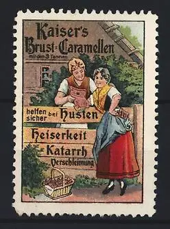 Reklamemarke Kaiser`s Brust-Caramellen, bei Husten, Heiserkeit, zwei Frauen vor Landhaus