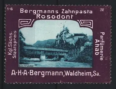 Reklamemarke Waldheim /Sa., Bergmanns Zahnpasta Rosodont, Burg Kriebstein