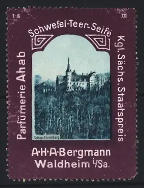 Reklamemarke Waldheim i. Sa., Schwefel-Teer-Seife, Schloss Ehrenberg
