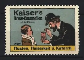 Reklamemarke Kaiser`s Brust-Caramellen, Mann mit Pastillen-Packung