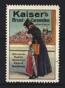 Reklamemarke Kaiser`s Brust-Caramellen, Frau im Mantel mit Schirm