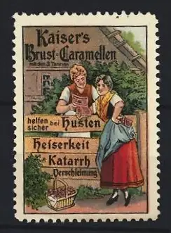 Reklamemarke Kaiser`s Brust-Caramellen, bei Husten und Heiserkeit, zwei Frauen vor Landhaus