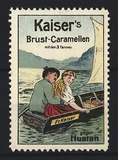 Reklamemarke Kaiser`s Brust-Caramellen, gegen Husten, Paar im Segelboot