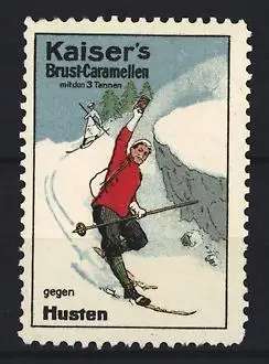 Reklamemarke Kaiser`s Brust-Caramellen, gegen Husten, Skifahrer bei der Abfahrt