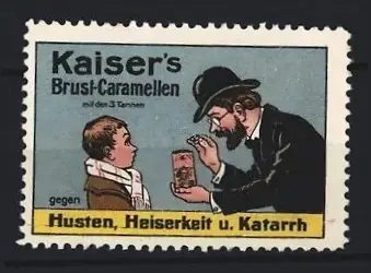 Reklamemarke Kaiser`s Brust-Caramellen, Hustenmittel, Mann mit Pastillen-Packung