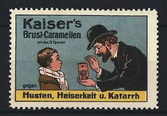 Reklamemarke Kaiser`s Brust-Caramellen, Hustenmittel, Mann mit Pastillen-Packung