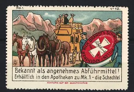 Reklamemarke Brandt`s Schweizer Pillen, Abführmittel, Postkutsche im Gebirge