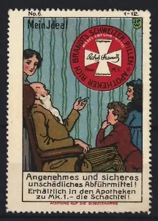 Reklamemarke Brandt`s Schweizer Pillen, Abführmittel, Familie und Schweizer Pillen-Emblem
