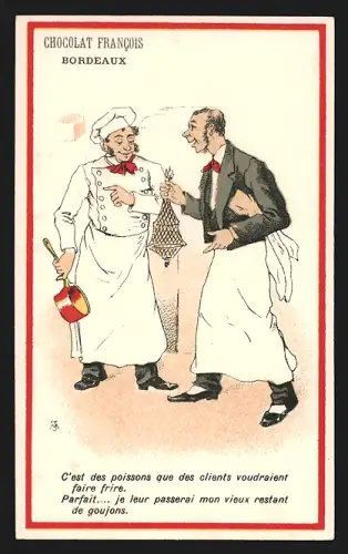 Sammelbild Bordeaux, Chocolat Francois, Koch und Kellner im Gespräch