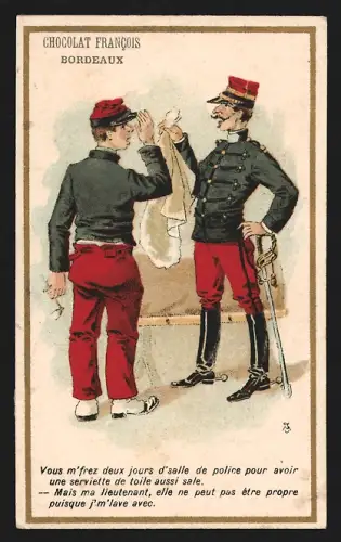 Sammelbild Bordeaux, Chocolat Francois, Zwei Soldaten im Gespräch
