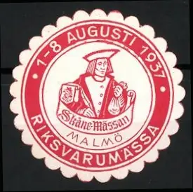 Reklamemarke Malmö, Skåne-Mässan 1937, Riksvarumässa mit historischem Symbol